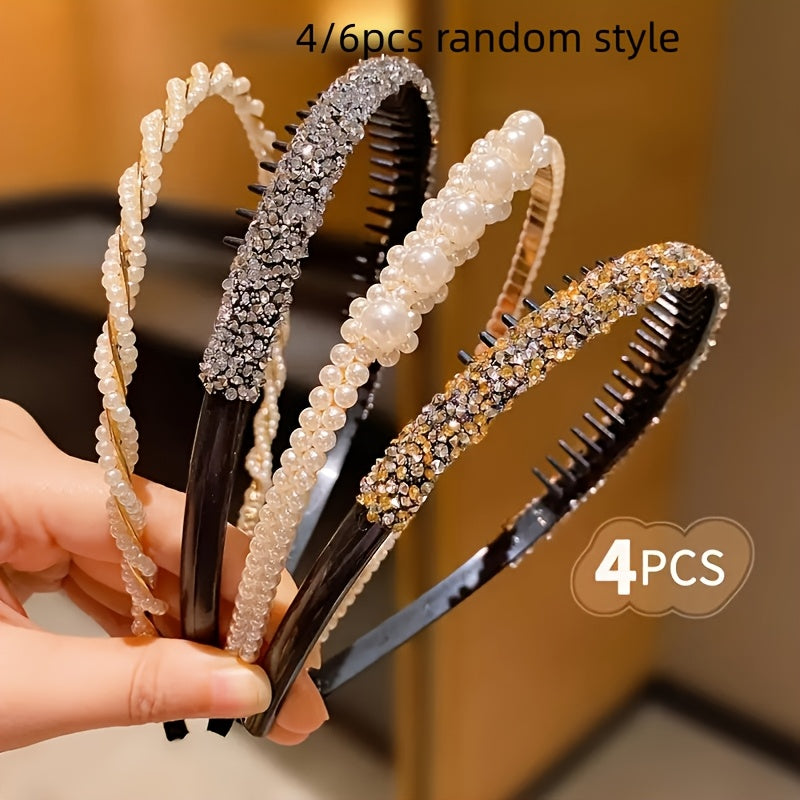 Boho Pearl & Rhinestone Headbands - Set of 4 or 6 for Women