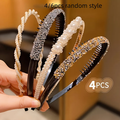 Boho Pearl & Rhinestone Headbands - Set of 4 or 6 for Women