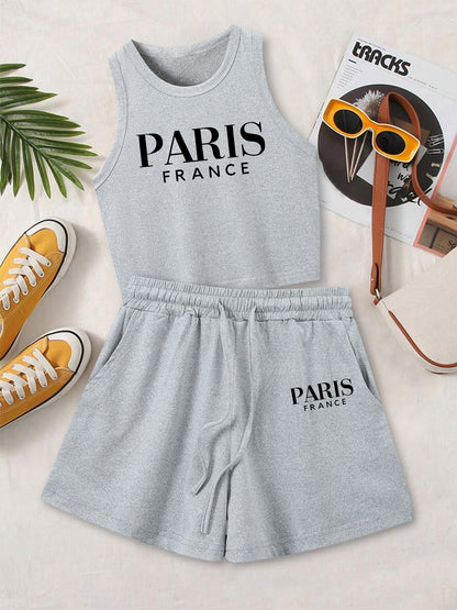 Casual Women's Two-Piece Vest and Shorts Set with Pattern Print