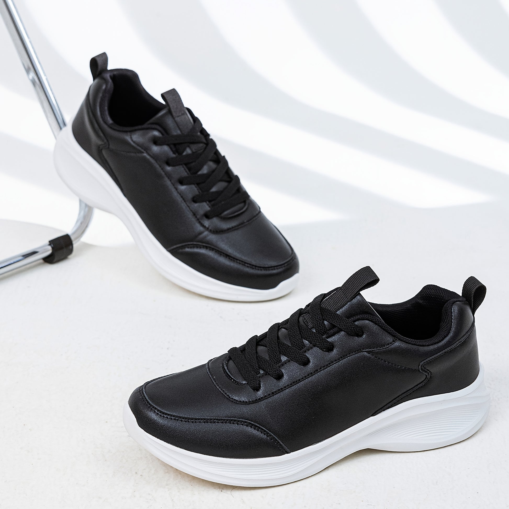 Men's Casual Sneakers Tennis Shoes - Comfortable, Versatile, and Stylish Running, Sports, and Casual Footwear. Black with White Accents, Featuring a Solid Black Synthetic Upper and Durable, Slip-resistant PVC Sole. Lace-up De - ayq