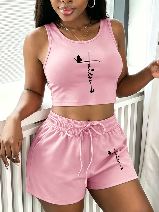 Women's Casual Printed Sleeveless Vest and Loose Shorts Set