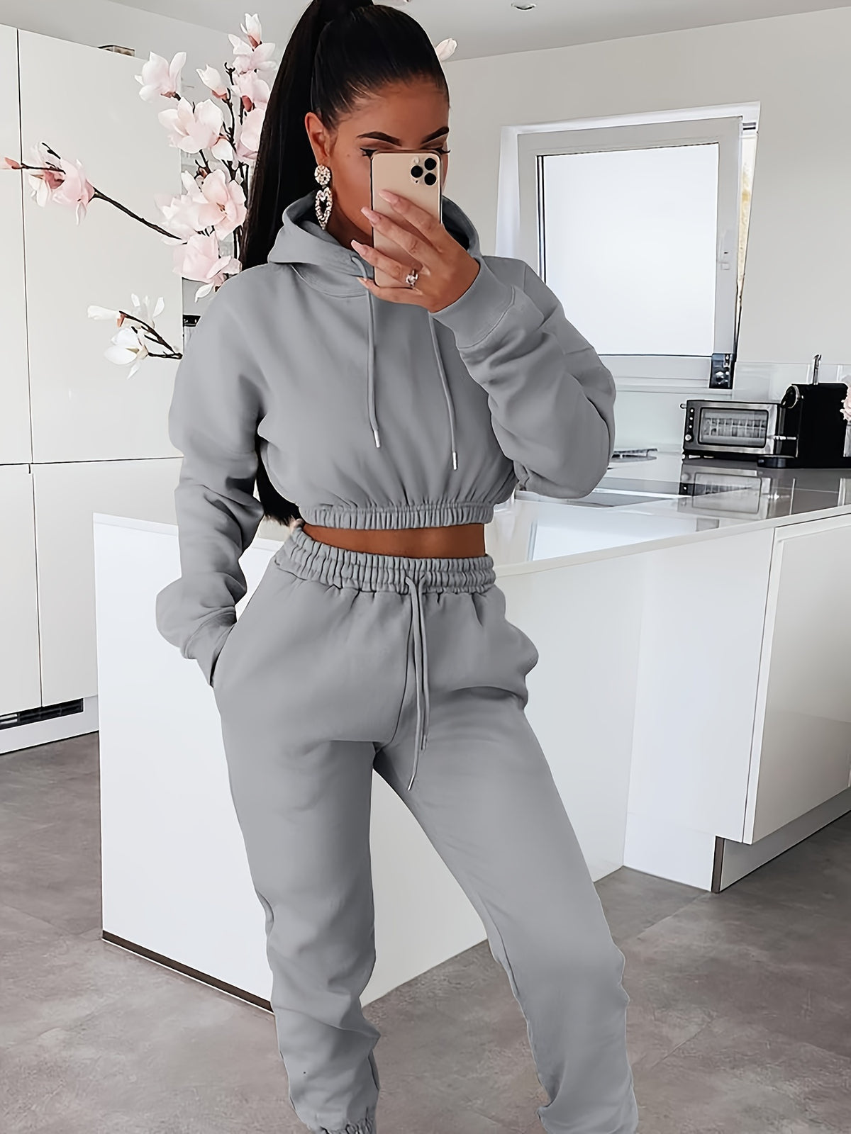 Women's Autumn Winter Fleece Hooded Sweatshirt Two-Piece Set - ayq