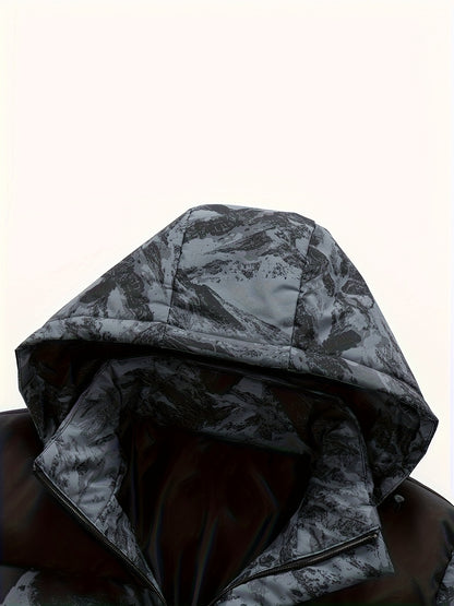 Men'S Heavyweight Winter Jacket - Windproof Thermal Insulated Hooded Coat with Full-Zip Closure, Adjustable Hood & Zippered Arm Pockets - Cold Weather Skiing, Snowboarding, Outdoor Activities - Black/White Camo Pattern - Poly
