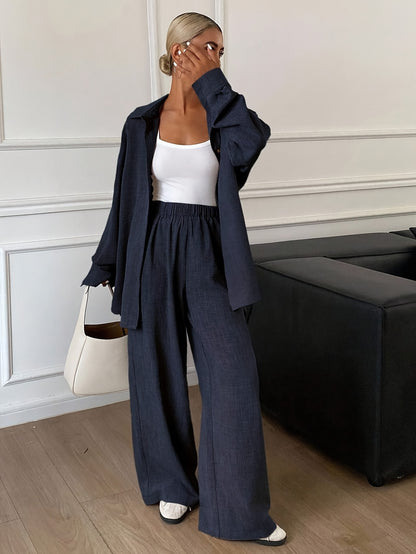Elegant Women's Loose Two-Piece Set with Solid Polyester Pants