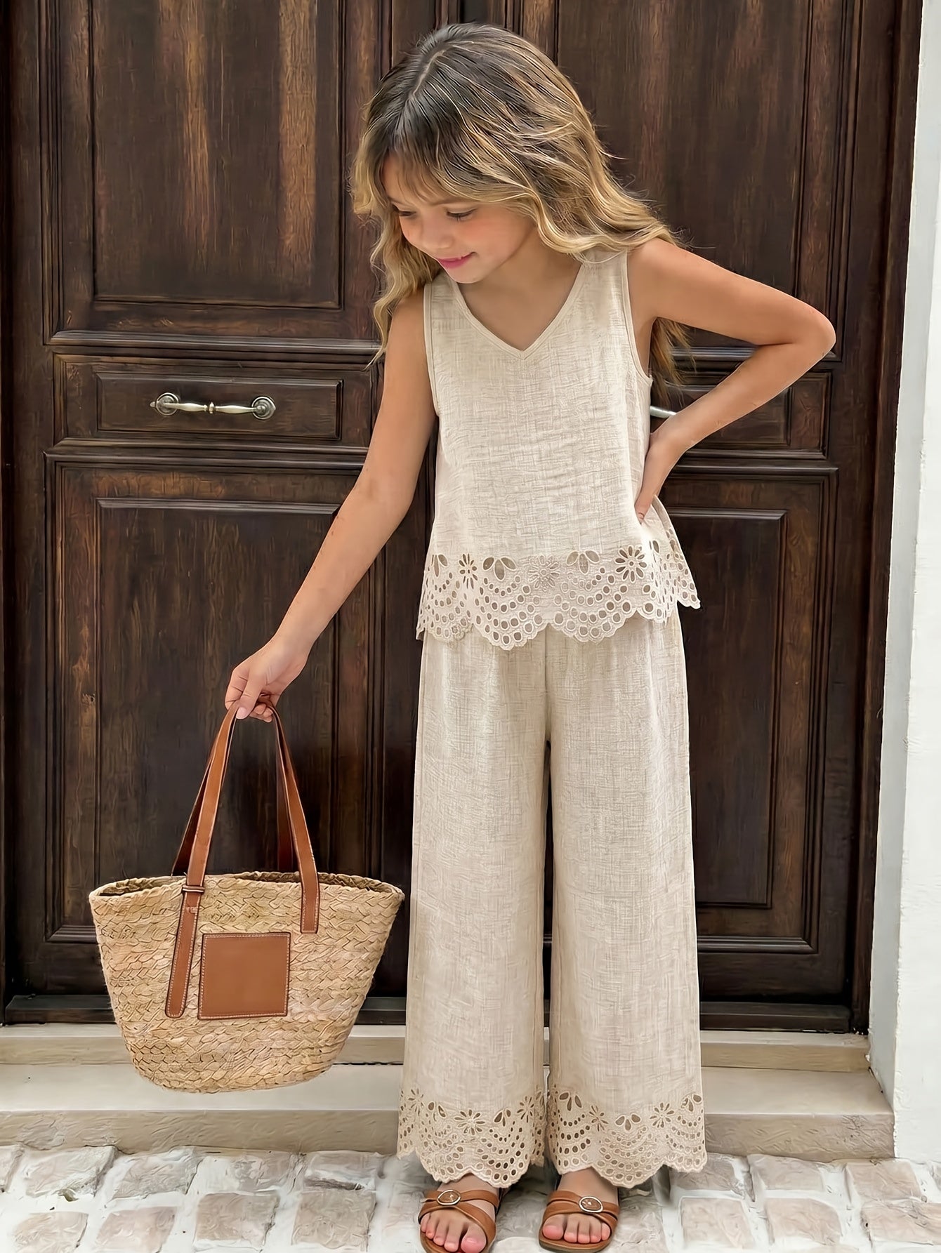 Girls' Sleeveless Lace Trim Tank Top and Wide-Leg Pants Set