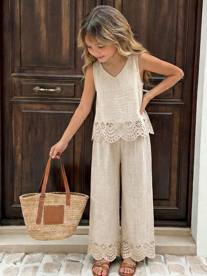 Girls' Sleeveless Lace Trim Tank Top and Wide-Leg Pants Set