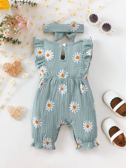 Baby Girl Summer Romper with Floral Print, Lace & Bow Set