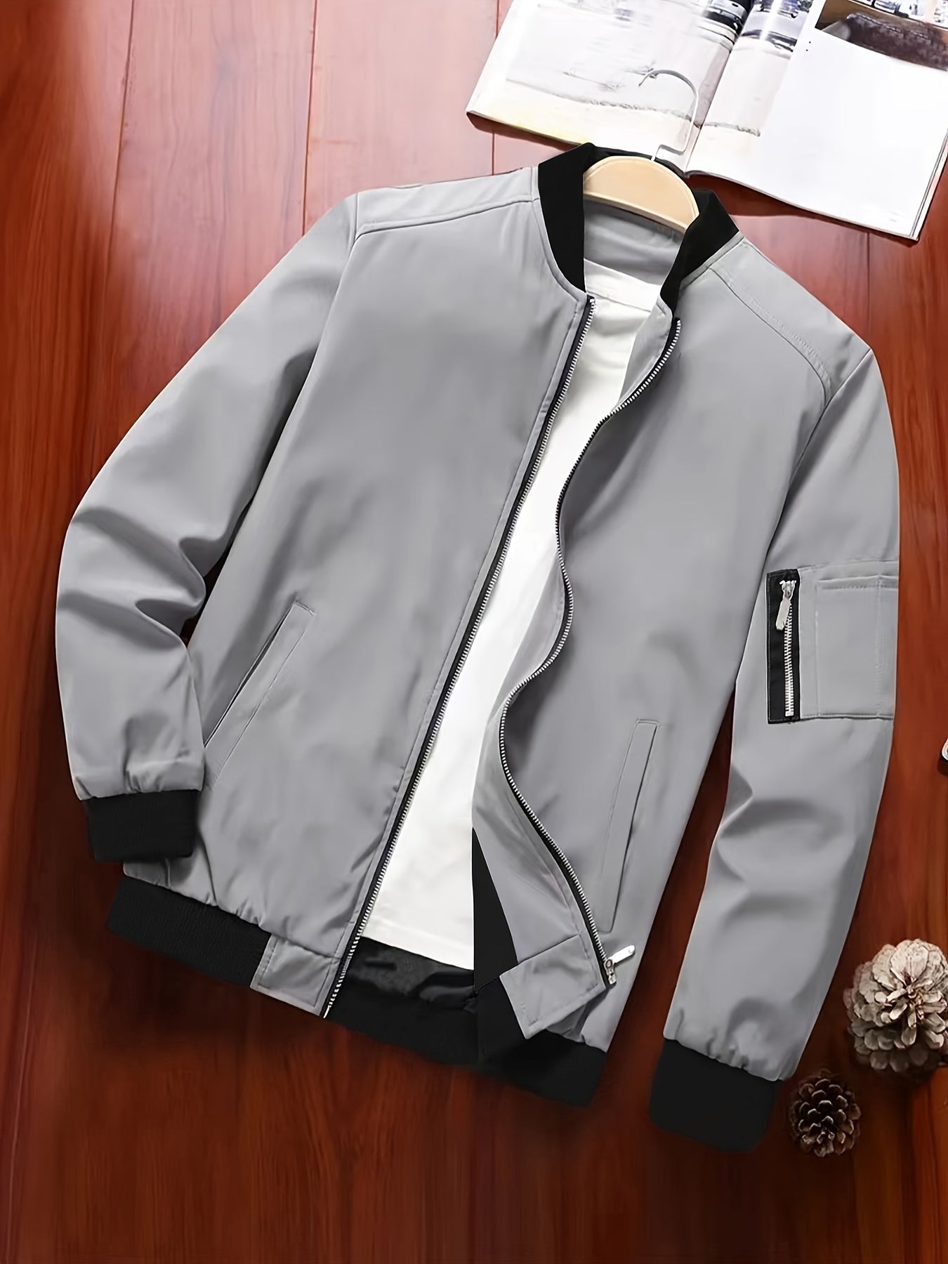 Men's Baseball Jacket - All-Season Zip-Up Coat with Zippered Pockets, Machine Washable Outerwear for Casual & Formal Events - Navy Jacket, Sleek Appearance