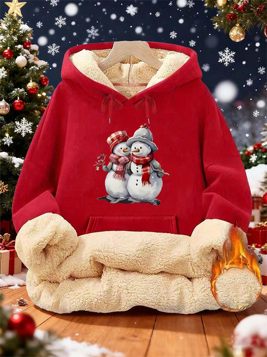 Women'S Winter Warmth Hooded Sweatshirt with Cute Snowman & Snowflake Print - Thick Fleece-Lined Long Sleeve Pullover, Cozy Casual Winter Sweater for Fall & Winter, Winter Sweatshirts, Seasonal Clothing, Playful Design, Soft