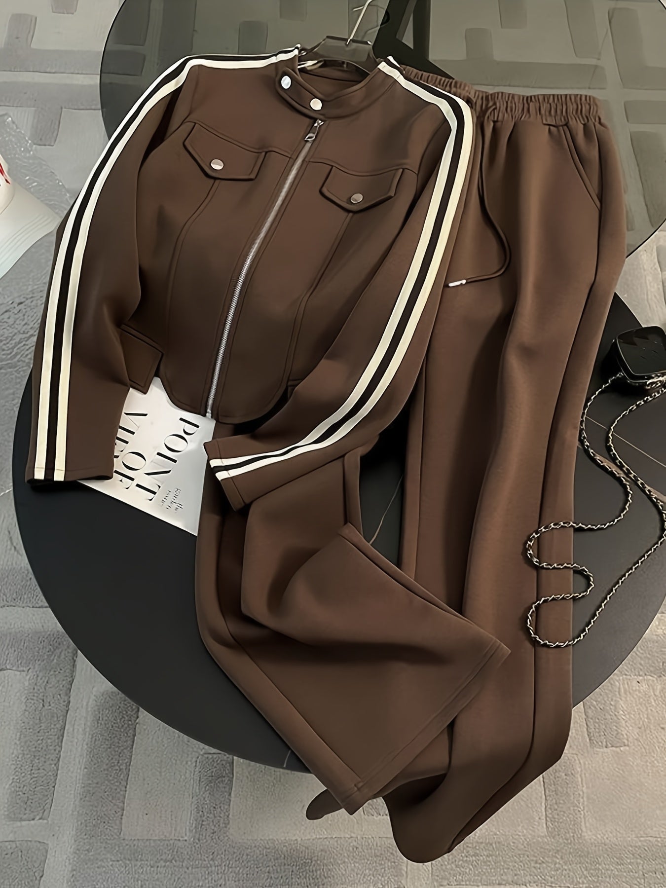 2026 Spring And Autumn Stylish And Chic Melard High-End Casual Outfit, Women'S Trendy Cool Striped Work-Style Zip-Up Jacket with Drawstring Elastic Waist, Street-Style Two-Piece Set, Versatile Commuting Outfit, Women'S Pants