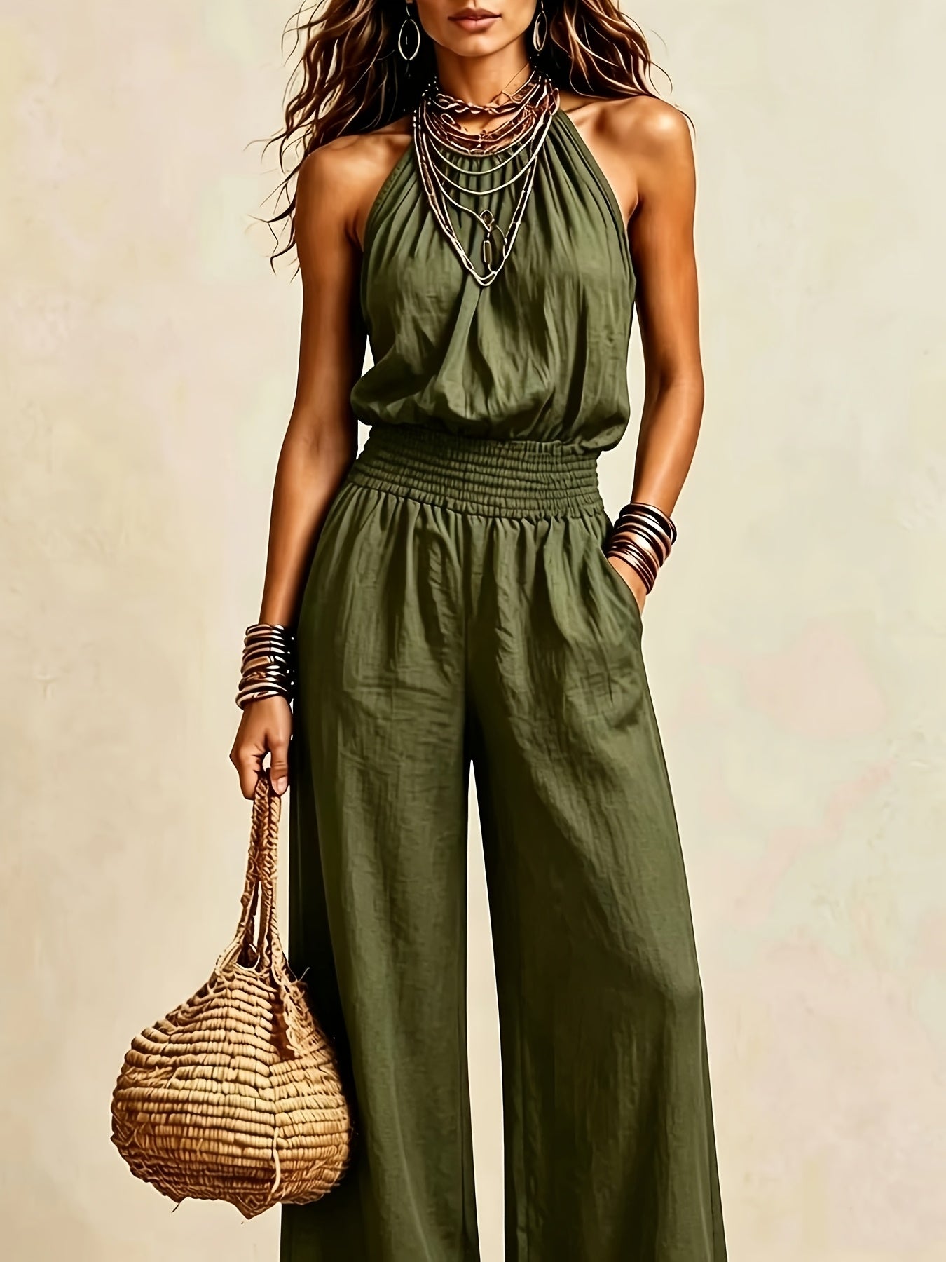 Women's Bohemian Backless Sleeveless Wide-Leg Jumpsuit