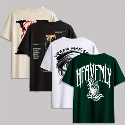 4pcs Men's Graphic Tees - "Heavenly"  More Designs, Casual Crew Neck Short Sleeve T-Shirts in Beige, Black, White - Lightweight Polyester for Summer Outdoor Wear