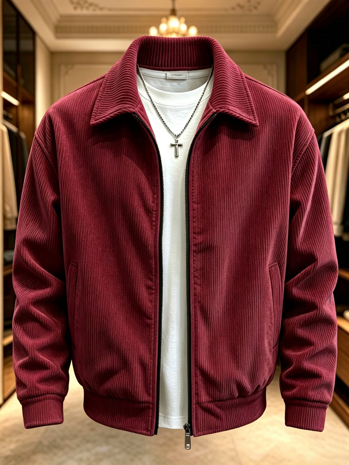 Men's Lightweight Fall Jacket with Lapel Collar and Zipper