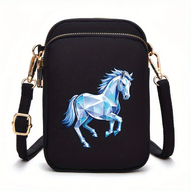 1pc Women's Horse Pattern Crossbody Bag - Compact Zipper Closure Polyester Phone Purse with Adjustable Strap, Pink/Navy/Black for Everyday Essentials & Makeup, Mini Purse