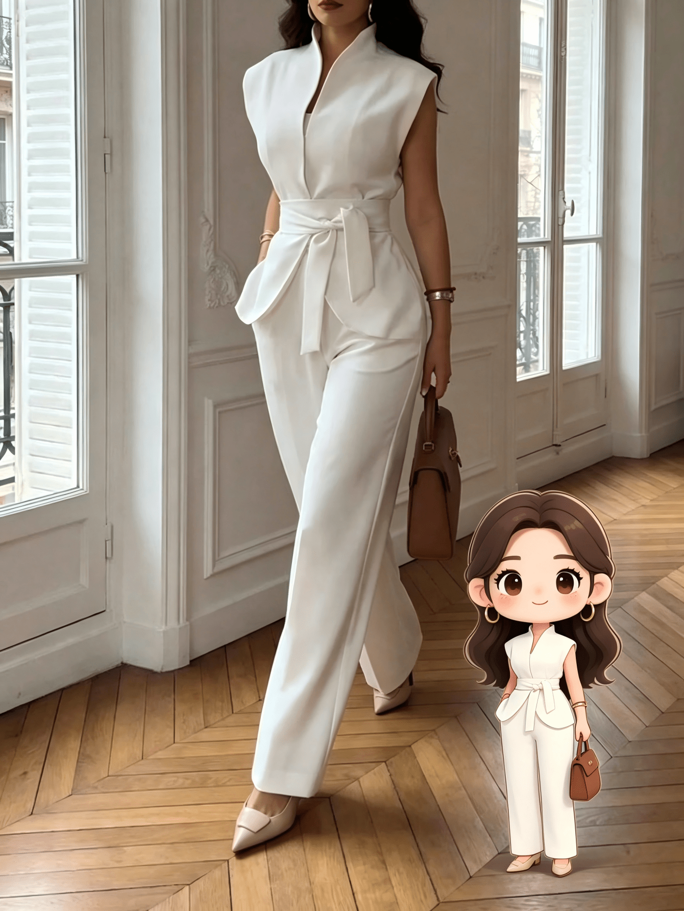 Women's Sleeveless Two-Piece Set with Bow Belt - Elegant Solid Color