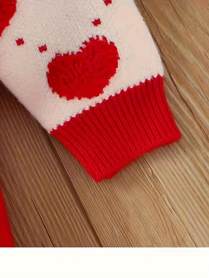 Girls' Red & White Knitted Dress with Ruffled Collar & Heart Patterns - Slim-Fit All-Season Party Wedding Outfit, Elastic Button-Front Bodice & Flared for New Year's Performances ( to)