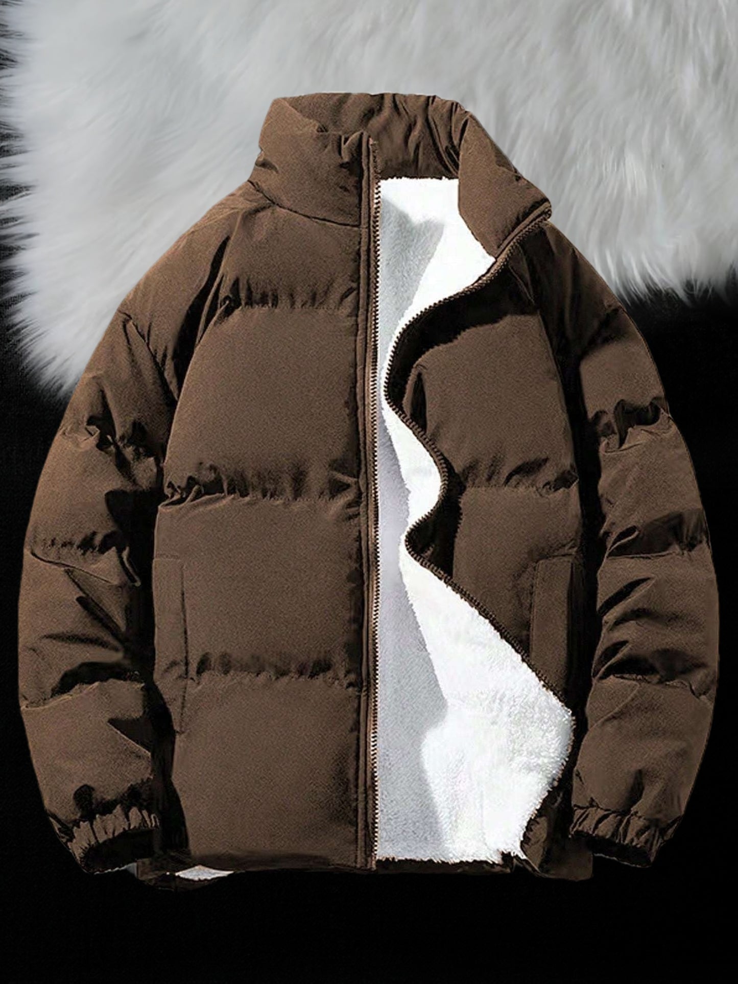 Yilong OBM Men's 2025 Fleece-Lined Winter Coat - Stand Collar Padded Insulation, Machine Washable Polyester, Solid Color Casual Jacket with Zipper Closure for Cold Weather, Winter Jacket, Outdoor Clothing, Minimalist Design,