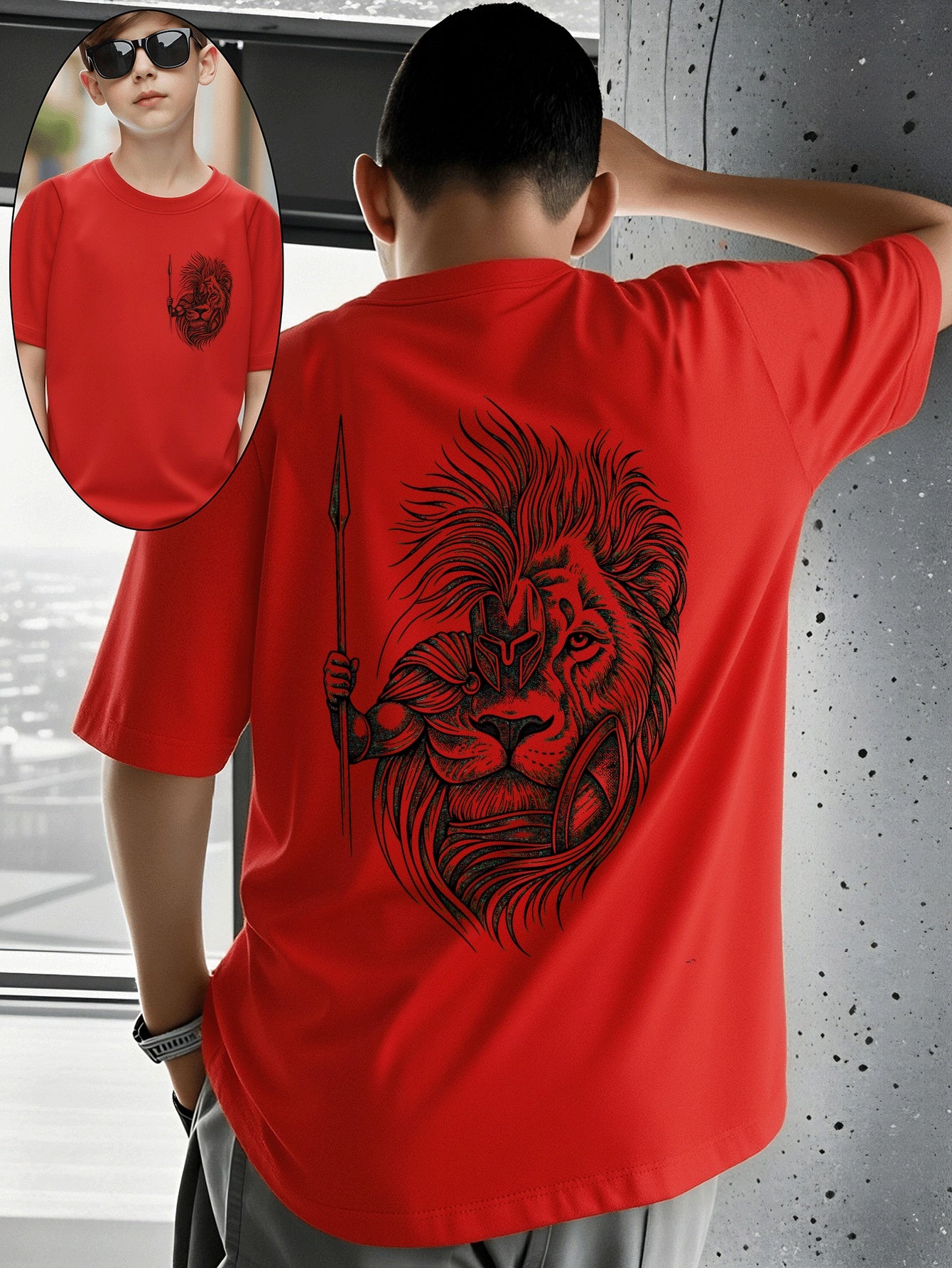Boys' Cotton T-Shirt with Lion Warrior Print - Casual Summer Top
