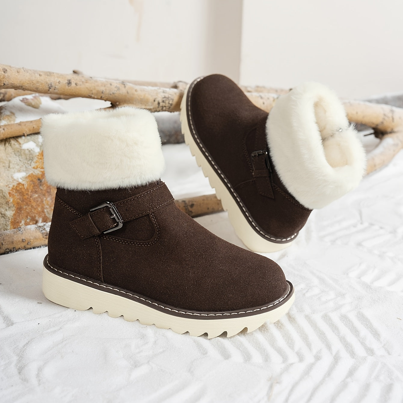 Women's Winter Snow Boots with Plush Faux Fur Collar & Buckle Closure - Round Toe TPR Sole Slip- Warm Ankle Boots, Soft Fabric Upper & Lining, Black/White/Beige/Coffee Brown - Casual & Formal Winter Footwear for Snow & Ice -