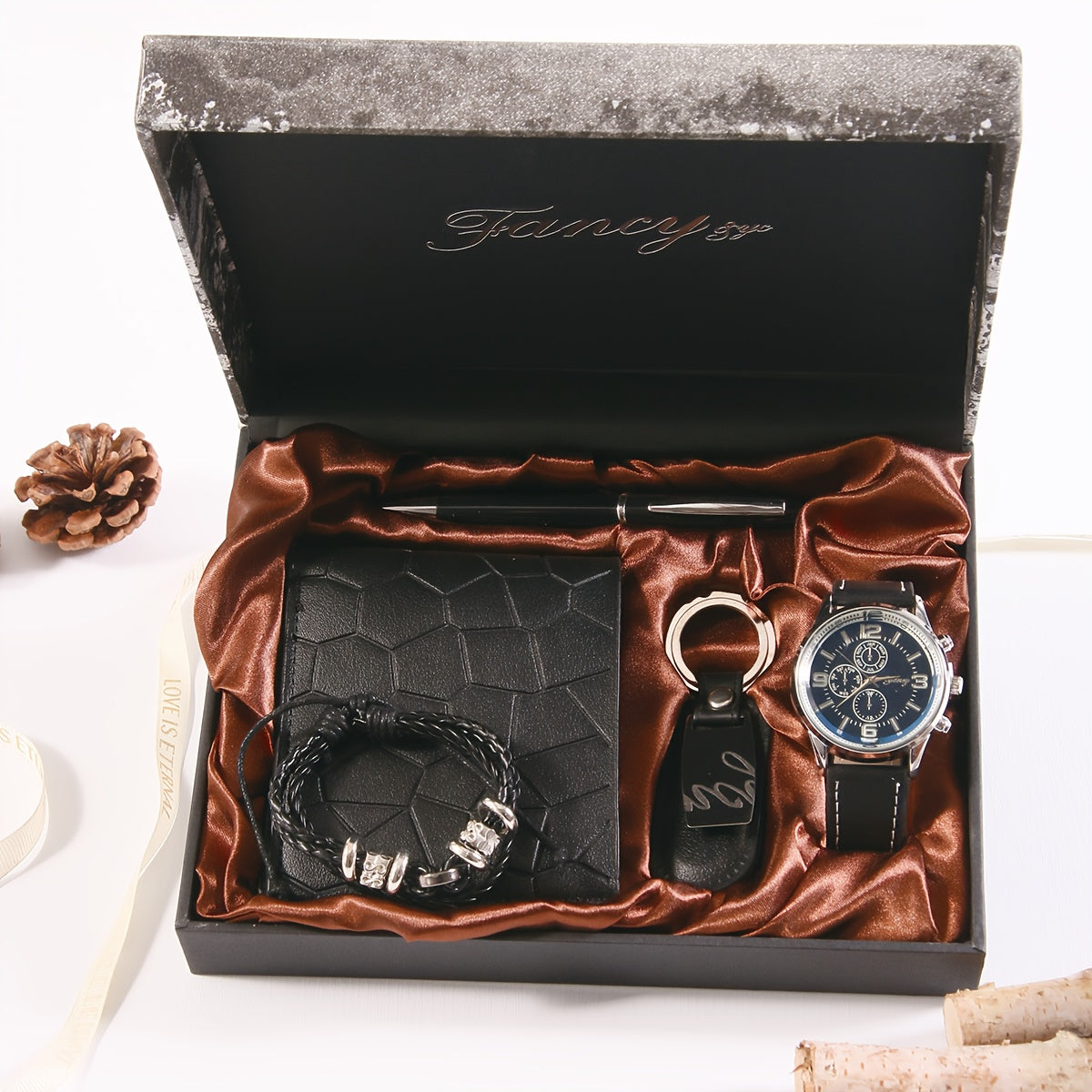 Christmas Gift Box Set of Six, Wallet + Watch + Bracelet + Keychain + Pen + Wooden Gift Box