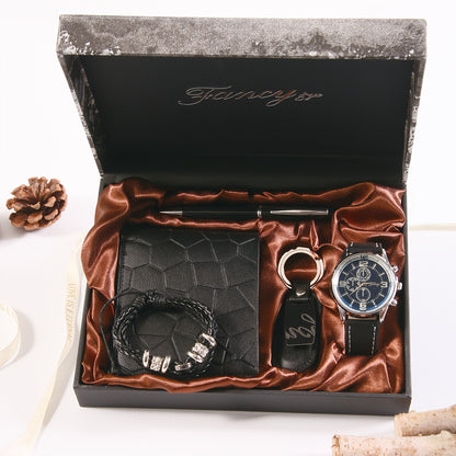 Christmas Gift Box Set of Six, Wallet + Watch + Bracelet + Keychain + Pen + Wooden Gift Box