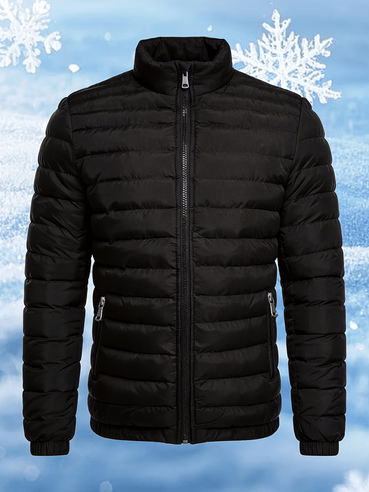 Men's Stand Collar Winter Jacket with Zipper and Fiber Filling