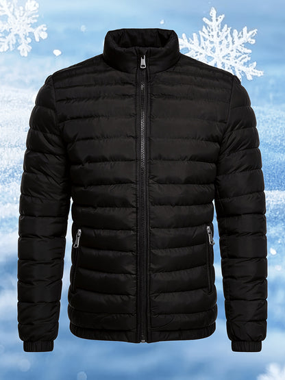 Men's Stand Collar Winter Jacket with Zipper and Fiber Filling