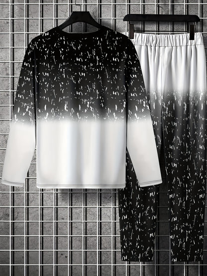 2pcs Men's Gradient Color Random Patter Long Sleeve T-shirt + Pants Set, Casual Co-ord Set For All Seasons