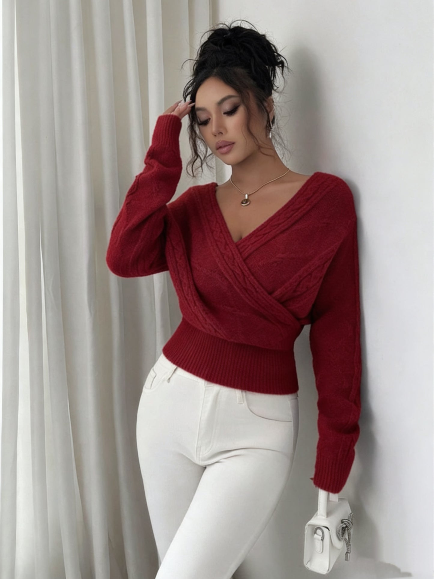 Elegant Ladies' V-neck Sweater | Solid Color, Ideal for Fall/Winter Season