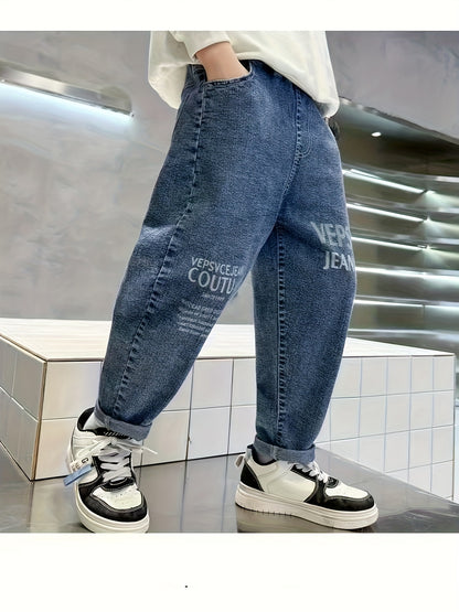 Boys' Casual Denim Pants with Floral Pattern for Spring Fall