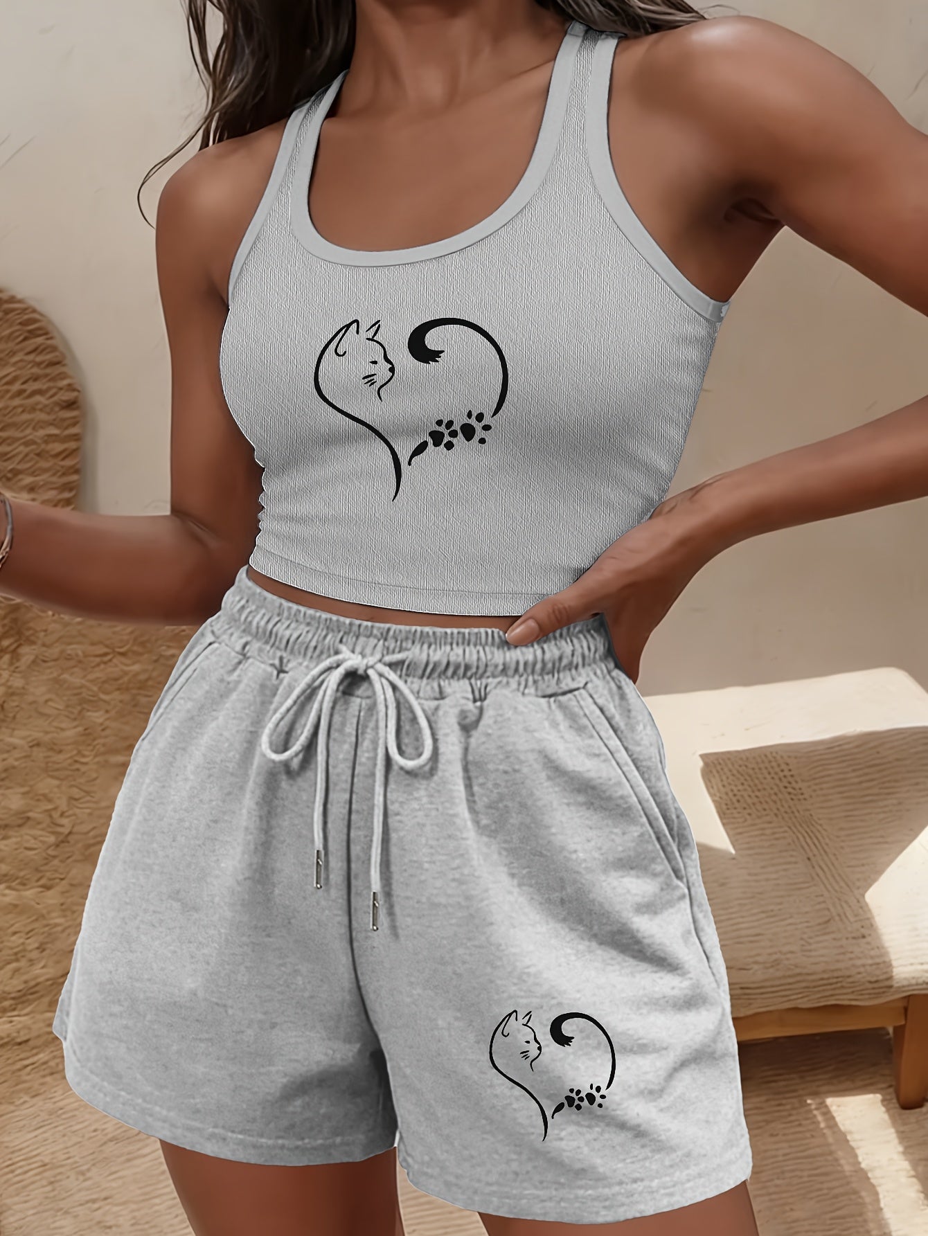 Buttery-Soft Crop Tank & Drawstring Shorts Set for Casual Wear