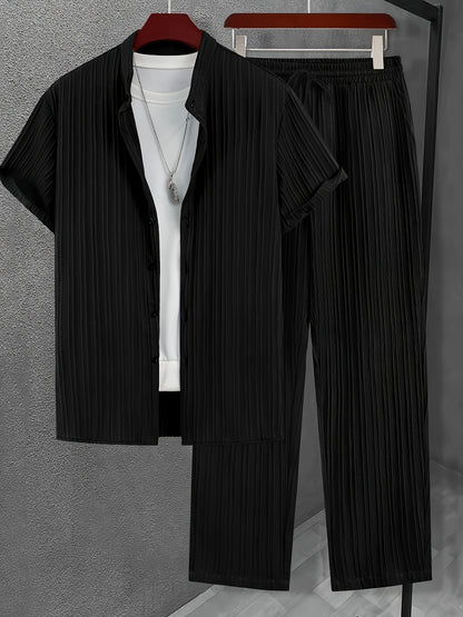 Men's New Trendy Textured Wave Stripe Short Sleeve Long Pants Casual Suit