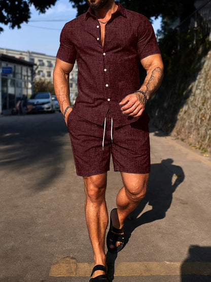 Bechimai Custom Men'S Solid Color Turn- Collar Summer Fresh Suit Double- Shirt Fabric Short-Sleeve Shirt and Shorts Casual Summer Set