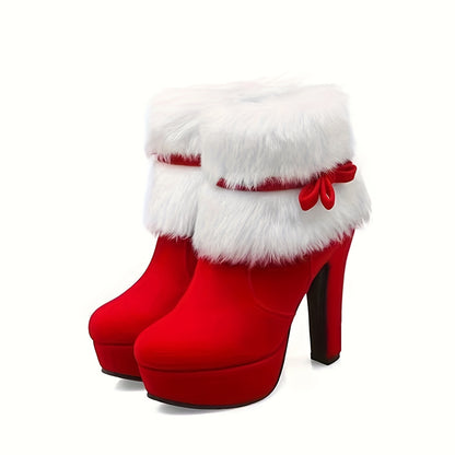 Women's Bowknot Decor Short Boots, Fashion Plush Lined Side Zipper Boots, Comfortable Christmas Boots