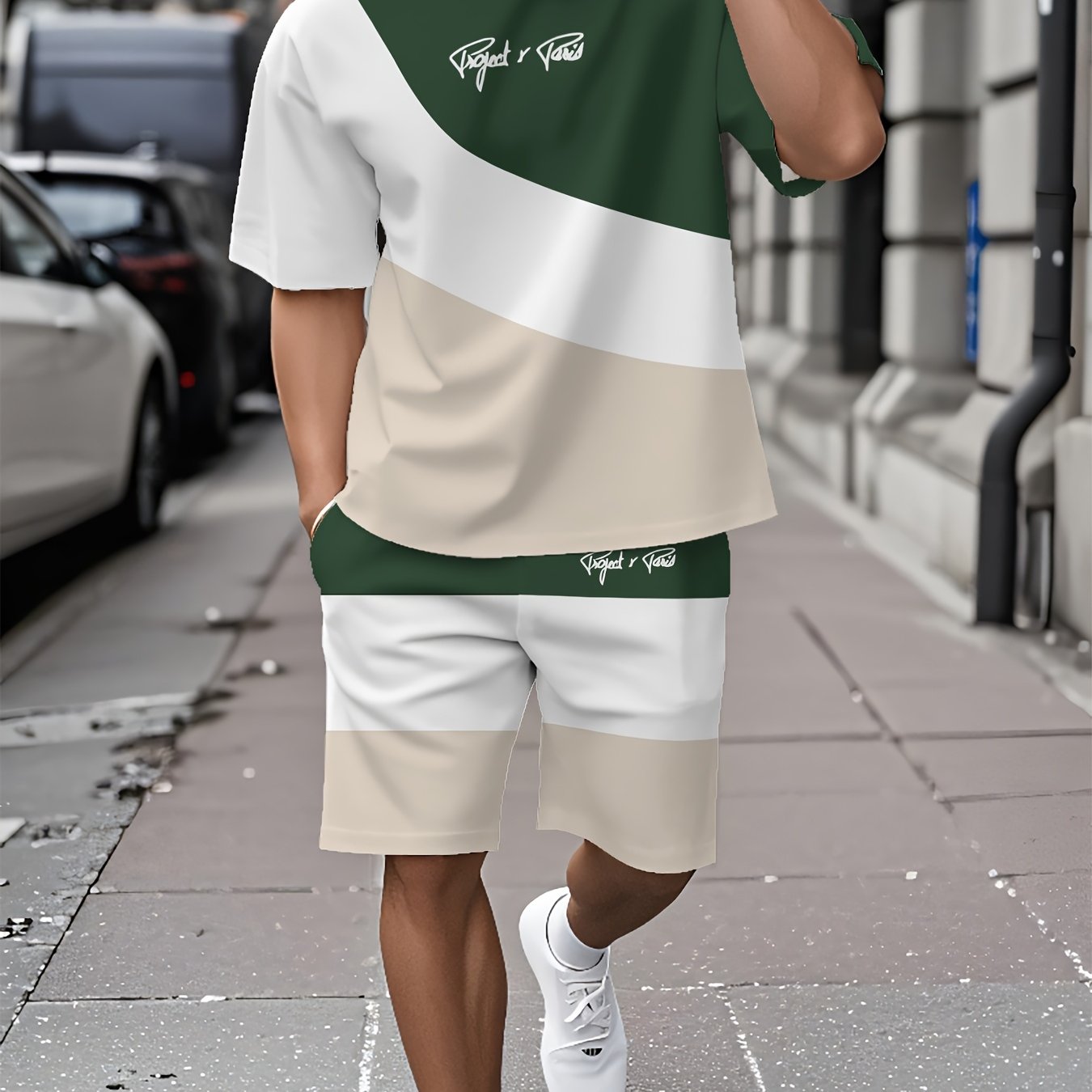 Summer New Round Neck Short Sleeve T-Shirt Set, 3-Color Patchwork Pattern, Front Chest Fashion Letter, Casual Style, Simple Matching Outfit Suitable for Date Night
