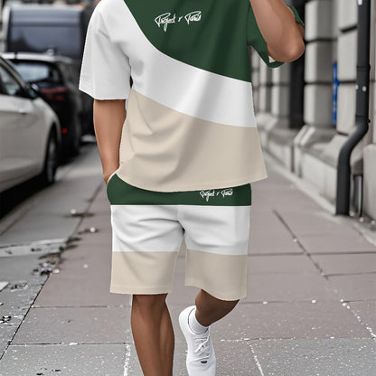 Summer New Round Neck Short Sleeve T-Shirt Set, 3-Color Patchwork Pattern, Front Chest Fashion Letter, Casual Style, Simple Matching Outfit Suitable for Date Night