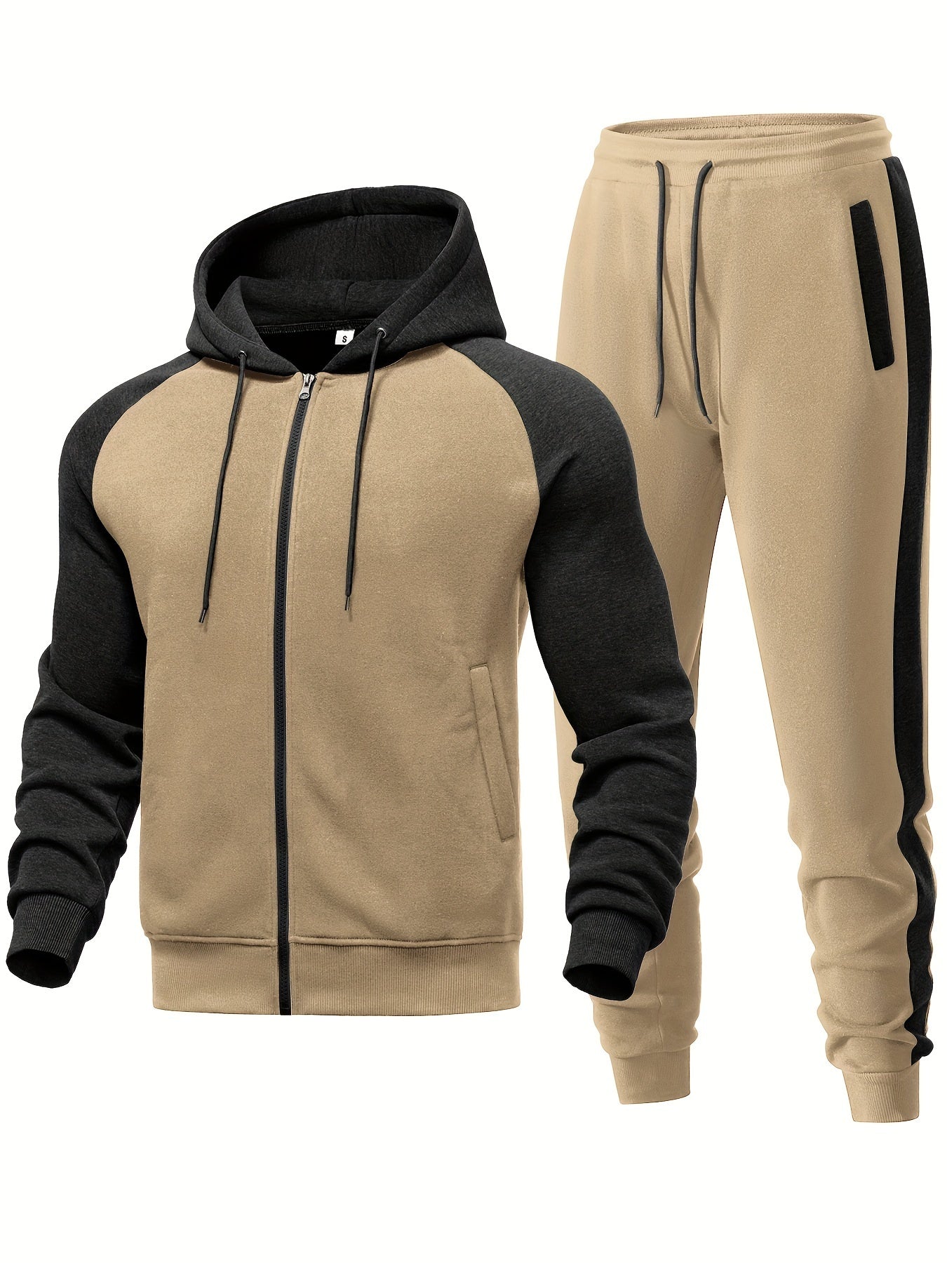 Men'S Casual Sports Hoodie Two-Piece Set with a Color-Blocked Design, Featuring a Zip And Drawstring Waist, Suitable for Jogging in All Seasons