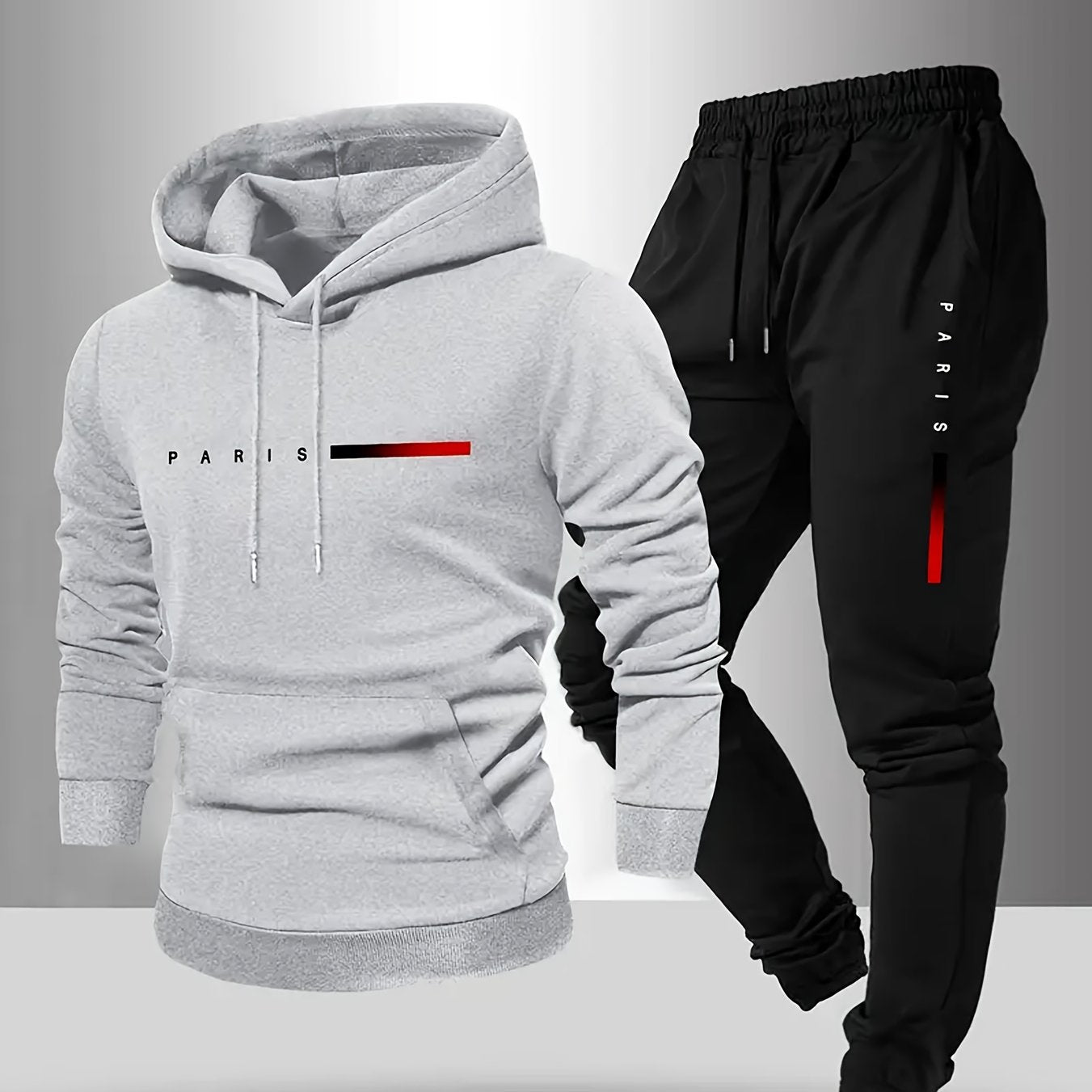 Halloween Men'S Hoodie with PARIS Lettering And Drawstring Sweatpants Set, a Must-Have Outfit for Autumn And Winter, Perfect for Everyday Outdoor Wear