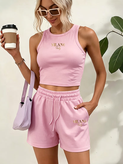 Casual Women’s Two-Piece Suit with Graphic Print Vest & Shorts
