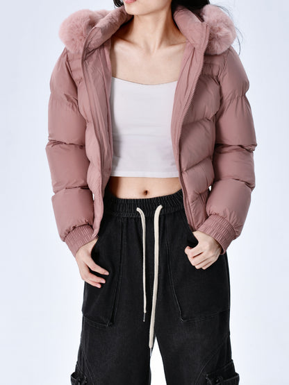 Elegant Polyester Padded Jacket for Women - 2024 Fashion Short Solid Color Coat with Thick Faux Fur Collar, Long Sleeves, Zipper Detail, Woven - Winter Warmth Casual Outerwear