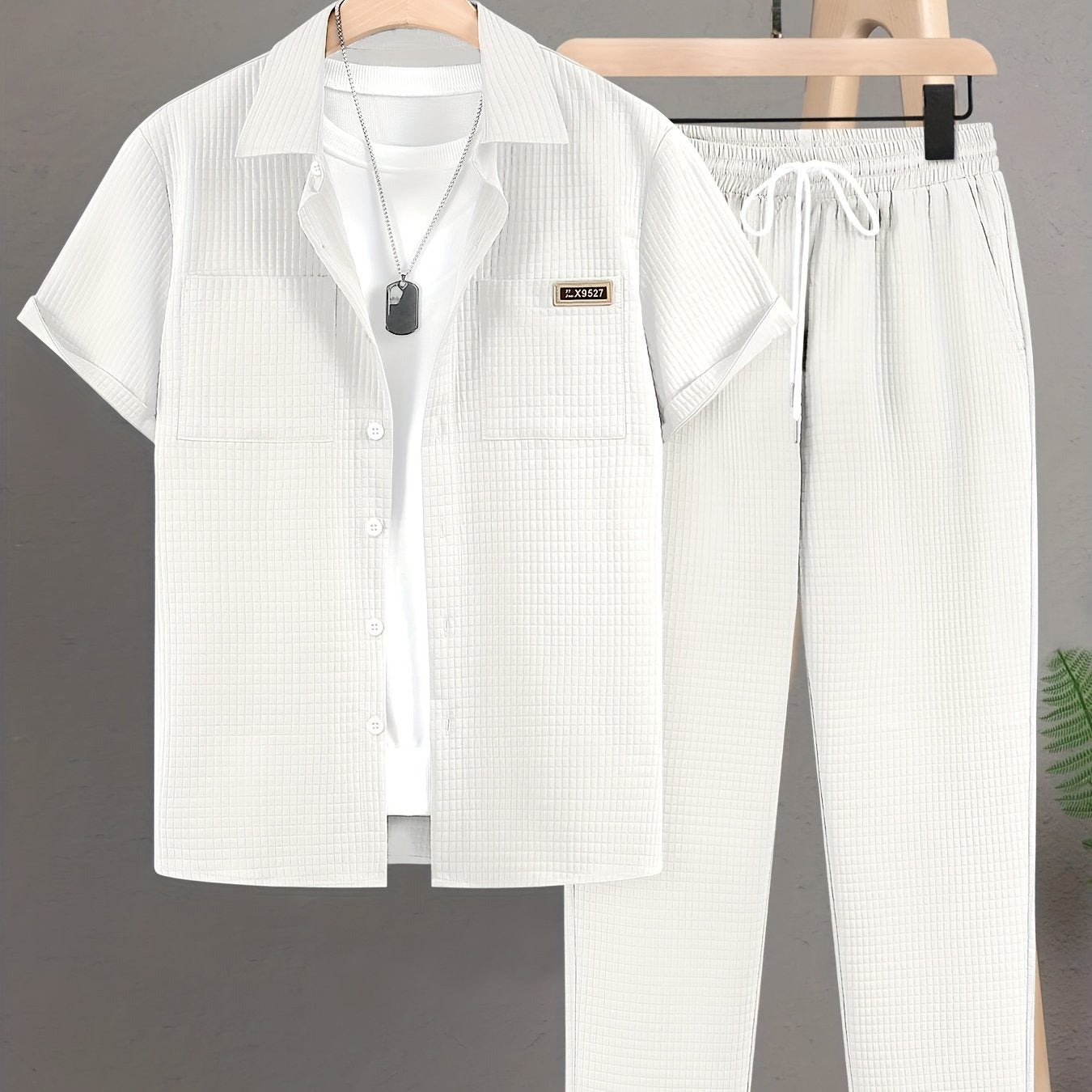 Summer Men'S Casual Bread Pattern Texture Short Sleeve Long Pants Shirt Set, 100% Polyester, Double Pocket Shirt, Turnover Woven Top Can Be Machine Washed and Dry Cleaned