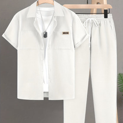 Summer Men'S Casual Bread Pattern Texture Short Sleeve Long Pants Shirt Set, 100% Polyester, Double Pocket Shirt, Turnover Woven Top Can Be Machine Washed and Dry Cleaned