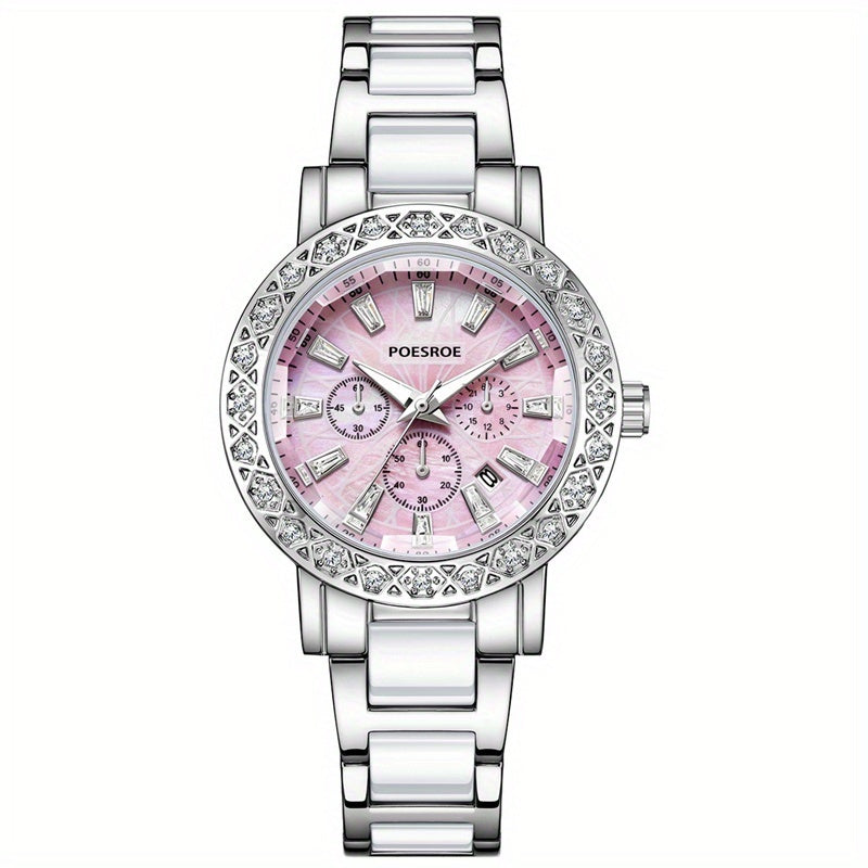 Women's Casual Quartz Watch with Rhinestone Case & Steel Strap