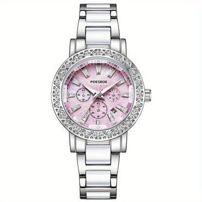 Women's Casual Quartz Watch with Rhinestone Case & Steel Strap