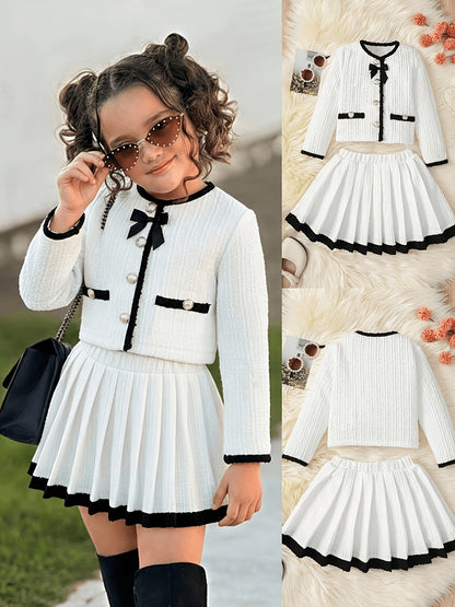 Girls' Elegant Two-Piece Jacket and Skirt Set for All Seasons