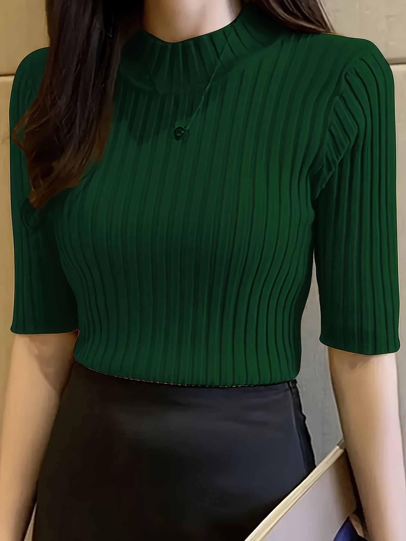 Women's Elegant Solid Color Ribbed Pullover Top - Short Sleeve Regular Fit Machine-Washable All-Season Versatile Blouse for Casual & Formal Wear