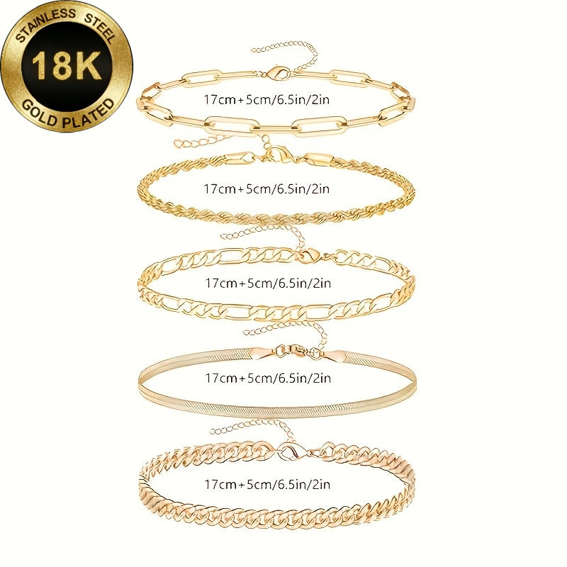 Elegant 5-Piece 18K Gold-Plated Stainless Steel Bracelet Set for Women