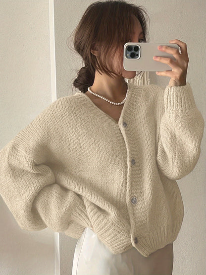 Women's Elegant V-Neck Button-Up Polyester Cardigan Jacket