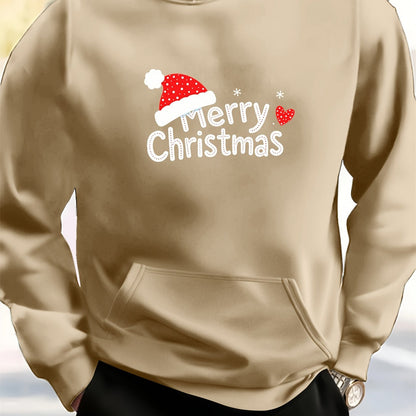 Men's White Christmas & New Year Oversized Sweatshirt - Long Loose Fit Casual Sweater with Pocket, Red Polka Santa Hat & Holly Berry Logo, Pink Heart Accent - Holiday Party Winter Wear (Machine Washable)