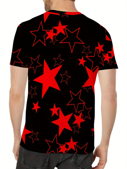 Men's Allover Color Blocking Stars Pattern Short Sleeve Crew Neck T-shirt For Summer, Casual Stylish Tee As Gift